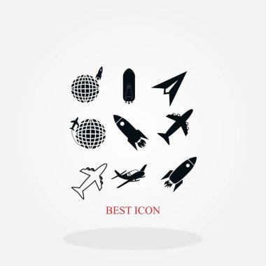 Dünya ve roketler simgesi, düz tasarım en iyi vektör simgesi