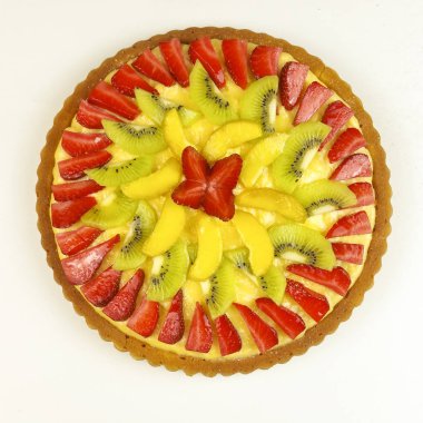 Meyve tart ahşap arka plan - üstten görünüm