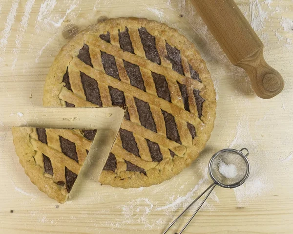 Torte Mit Schokoladencreme Auf Holzgrund Ansicht Von Oben — Stockfoto