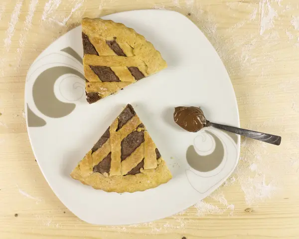 Torte Mit Schokoladencreme Auf Holzgrund Ansicht Von Oben — Stockfoto