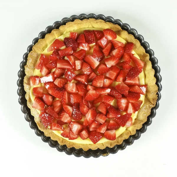 Tarte Aux Fraises Sur Fond Blanc Vue Dessus — Photo