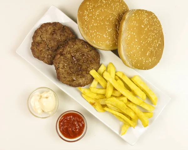 Hamburgers Plate White Background Top View — Stock Photo, Image