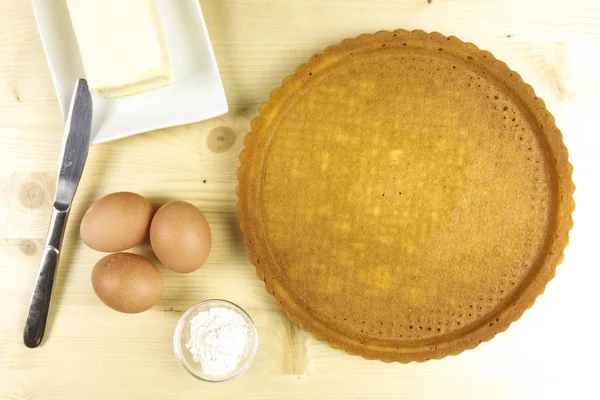 Leere Torte Auf Hölzernem Hintergrund Draufsicht — Stockfoto