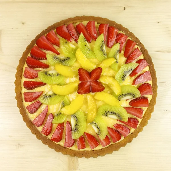 Frukt Tart Trä Bakgrund Ovanifrån — Stockfoto