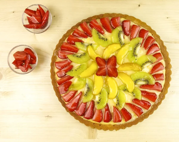 Frukt Tart Trä Bakgrund Ovanifrån — Stockfoto