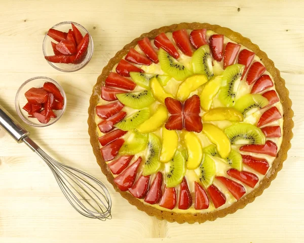 Frukt Tart Trä Bakgrund Ovanifrån — Stockfoto