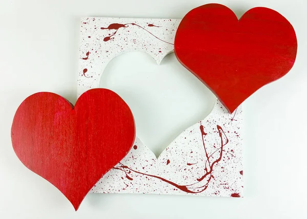 Homemade Valentine Wooden Red Heart White Background Top View — Stock Photo, Image