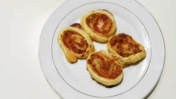 Puff Pastry Pizza White Plate — 스톡 사진