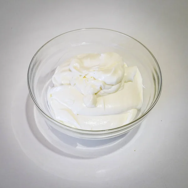 Mascarpone Cream Transparent Bowl — Stock Photo, Image