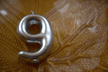 Yaprak desenli bir tabağa yerleştirilmiş dokuz numara şeklinde bir doğum günü mumunun yakın çekimi. Kopyalama alanı olan en küçük bileşim.