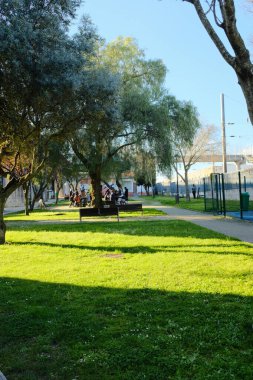 Güneşli şehir parkında zeytin ağaçları yeşil çimlerde yürüme yolları ve arka planda tarihi taş su kemerleri olan Lizbon Portekiz 'in boş zamanlarında hiç insan yok ve samimi yürüyen varyasyonları var. Yüksek kalite fotoğraf