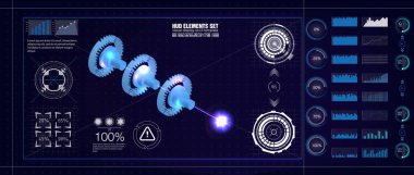HUD UI stili. Endüstriyel aerospase planı. Vektör çizim infographics ile gelecek mühendislik ve Jet motoru istatistik bölümleriyle mekanizmaları. HUD setleri.