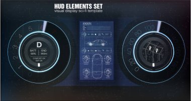 Otomotiv Pano gelecek. Hibrit araba. Tanılama ve arıza ortadan kaldırılması. Mavi. HUD tarzı. Vektör görüntü.