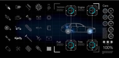 Otomobil infographics arızalar ve arabada arıza teşhis. Araba simgeler. Arka plan. Araba servisi için şablon. Eps10 vektör görüntü