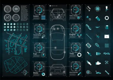 Infographics yük taşıma ve nakliye. Şablon otomobil Infographics of. Soyut sanal grafik değmek kullanıcı arayüzey. Arabalar tanı. Şablon app için araba servisi ve mobil araba tamir apps. HUD tarzı.