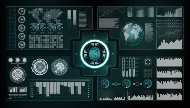 Doğrulama tarayıcılar ayarlayın. Parmak tarama fütüristik tarzı. Fütüristik Hud arayüzü ile biyometrik kimliği. ekran monitör arka plan şablonu. Tarama teknolojisi konsept illüstrasyon. Kimlik