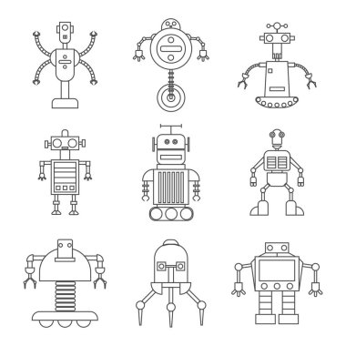 bir çocuk t-shirt üzerine çizim komik robot teknoloji oyuncak ince çizgi, ayarlayın. Kolay renk değiştirmek için.
