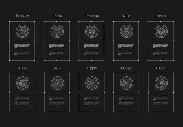 Ensemble Logo Crypto Monnaie Bitcoin Litecoin Ethereum Ethereum Classic Monero — Image vectorielle