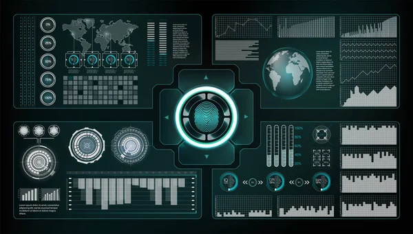 Doğrulama tarayıcılar ayarlayın. Parmak tarama fütüristik tarzı. Fütüristik Hud arayüzü ile biyometrik kimliği. ekran monitör arka plan şablonu. Tarama teknolojisi konsept illüstrasyon. Kimlik