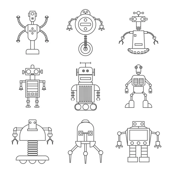 Set Funny Robot Technology Toy Thin Line Drawing Children Shirt — Stock Vector