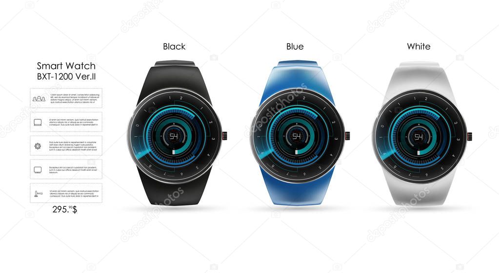 Vector realistic illustration of concept smart watch, technology functions and template text. Smart watch vector illustration.