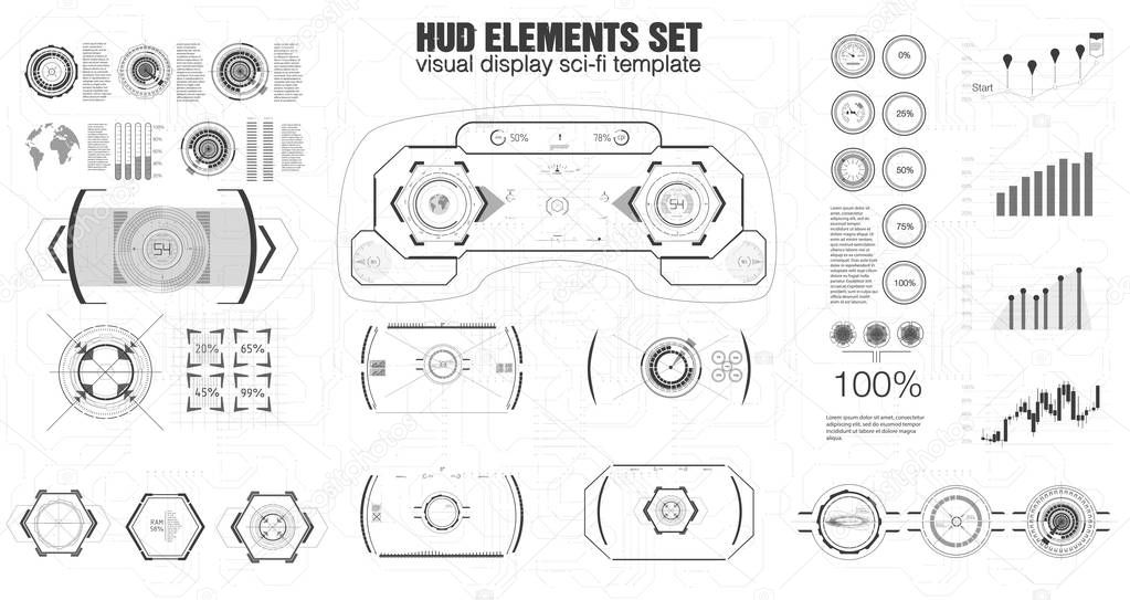 Set of black and white infographic elements. Head-up display elements for the web and app. VR Futuristic user interface. Template UI for app and virtual reality.