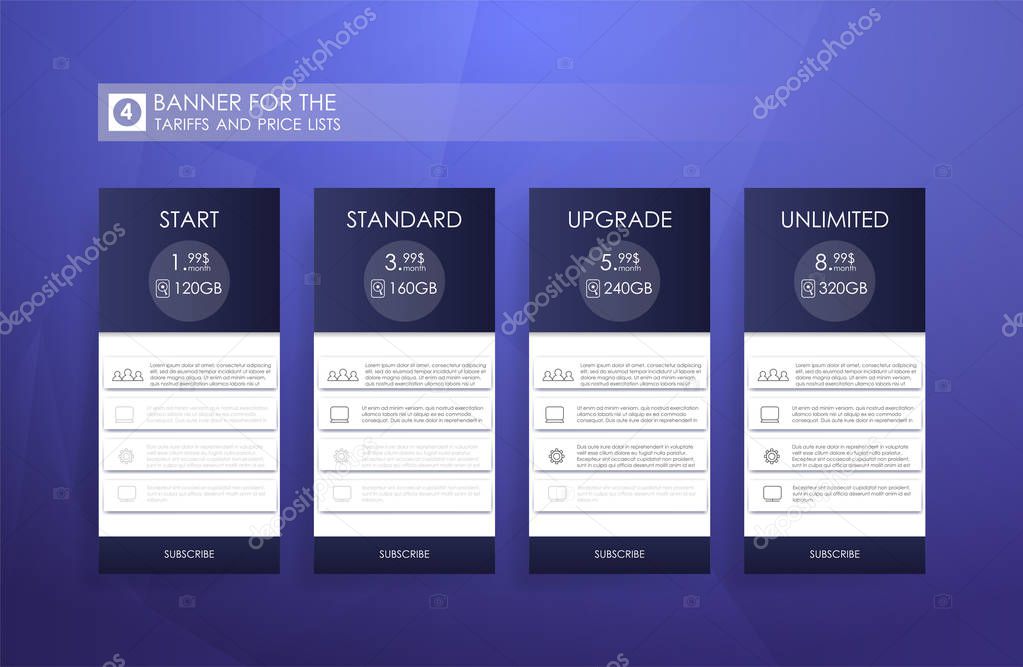Price list for hosting, banner for the tariffs and price lists. Web elements.