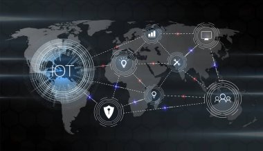 Şey, Internet dünyası, vektör çizim etkileşiminin atama. Örümcek ağı ile ağ bağlantılarında bir fütüristik mavi arka plan