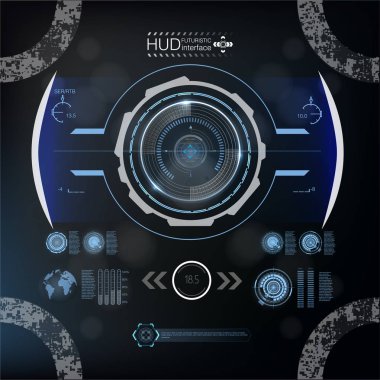 Head-up display olarak fütüristik mavi infographics kümesi. Web ve uygulama fütüristik kullanıcı arabirimi için gezinti öğeleri görüntüler. Sanal grafik. Vektör.