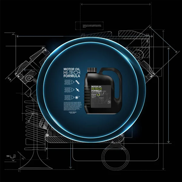 Fundo da propaganda do óleo do motor. Ilustração vetorial com cilindro realista e óleo do motor sobre fundo brilhante — Vetor de Stock