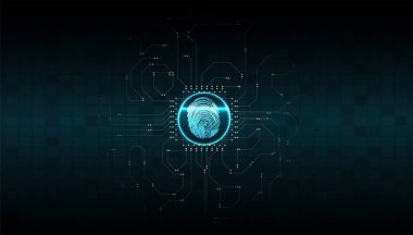 Devre kartında parmak izi taraması. Soyut teknoloji arka planı. Siber güvenlik kavramı. 