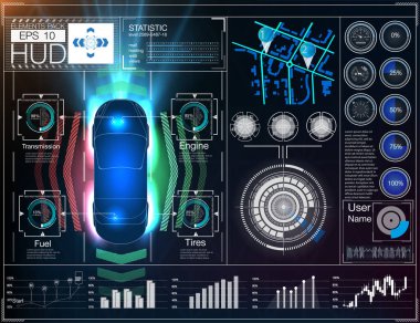 Arabayı hazırla. Sürücüsüz araba. Kendi kendine giden bir araç. Gelecek akıllı otomobil kavramları. HUD, GUI, hologram otomatik fren sistemi araba kazasından kaçınır. Sürücü yardım sistemleri için kavram. 