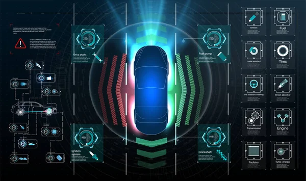 Büyük Set Simgesi. Sürücüsüz araba. Kendi kendine giden bir araç. Gelecek akıllı otomobil kavramları. HUD, GUI, hologram otomatik fren sistemi araba kazasından kaçınır. Sürücü yardım sistemleri için kavram. 