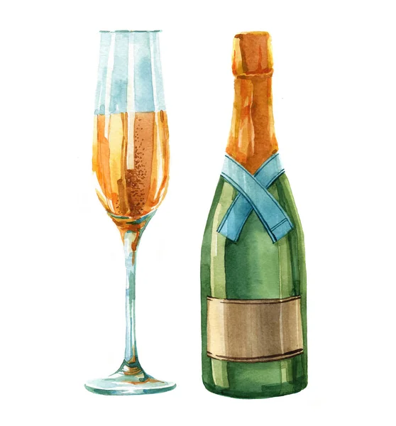 Watercolor a bottle of champagne in the package isolated on a white background illustration.