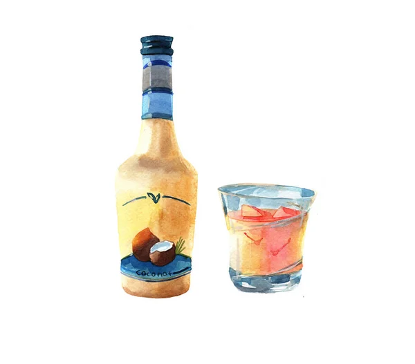 Uma Garrafa Licor Copo Licor Grãos Café Ilustração Aquarela Isolada — Fotografia de Stock