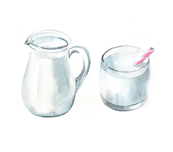 Acquerello Realistico Vetro Latte Brocca Illustrazione Isolato Sfondo Bianco — Foto Stock