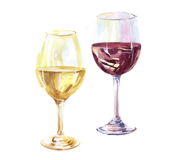 Aquarel Wijnglazen Met Witte Rode Wijn Binnen Geïsoleerd Een Witte — Stockfoto
