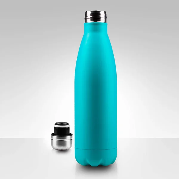 Opened Stainless Thermo Water Bottle Empty Mockup Close Isolated White — Stock Photo, Image