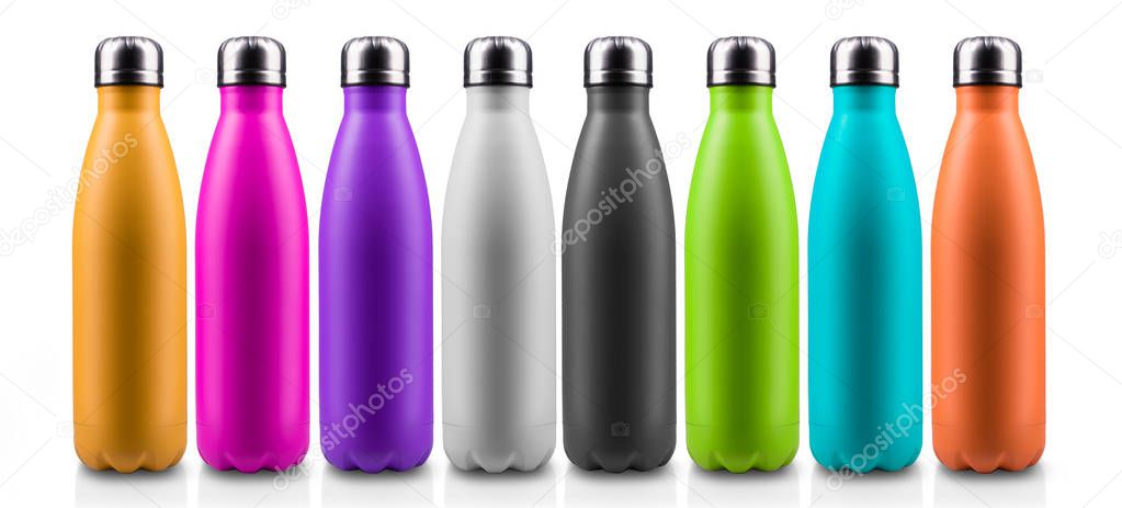 Colorful thermo bottles for water, close-up empty mockup, isolated on white background.