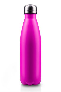 Pembe Paslanmaz termomineral su şişesi, yakın çekim, boş mockup beyaz arka plan üzerinde izole.