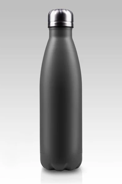 Black Empty Stainless Thermo Water Bottle Close Isolated White Background — Stock Photo, Image