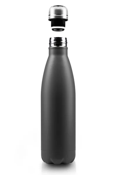 ステンレス熱水のボトル 空モックアップ クローズ アップ ホワイト バック グラウンドの分離開設ブラック カラー — ストック写真