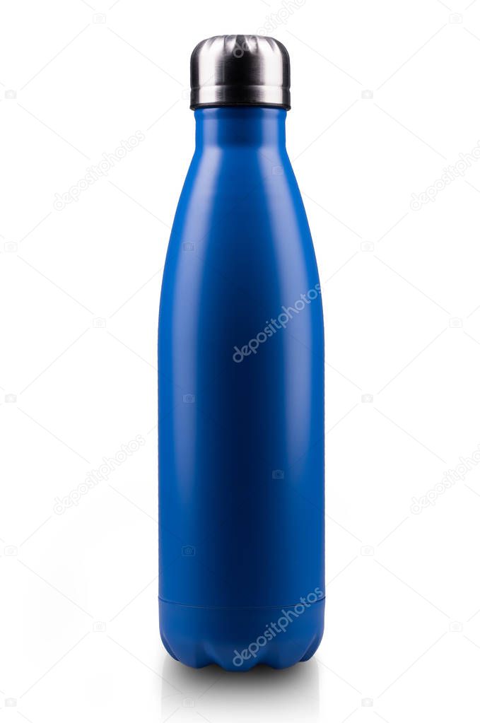 Blue stainless thermo water bottle, close-up, empty mockup isolated on white background.