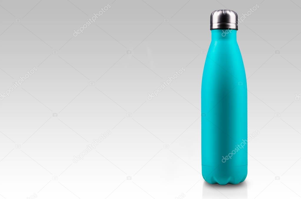 Light blue stainless thermo water bottle, close-up, empty mockup isolated on white background.
