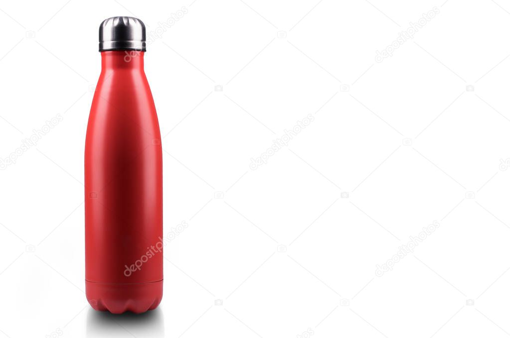 Red stainless thermo water bottle, close-up, empty mockup isolated on white background.