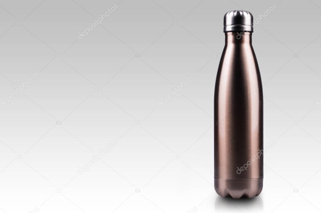 Maro stainless thermo water bottle, close-up, empty mockup isolated on white background.
