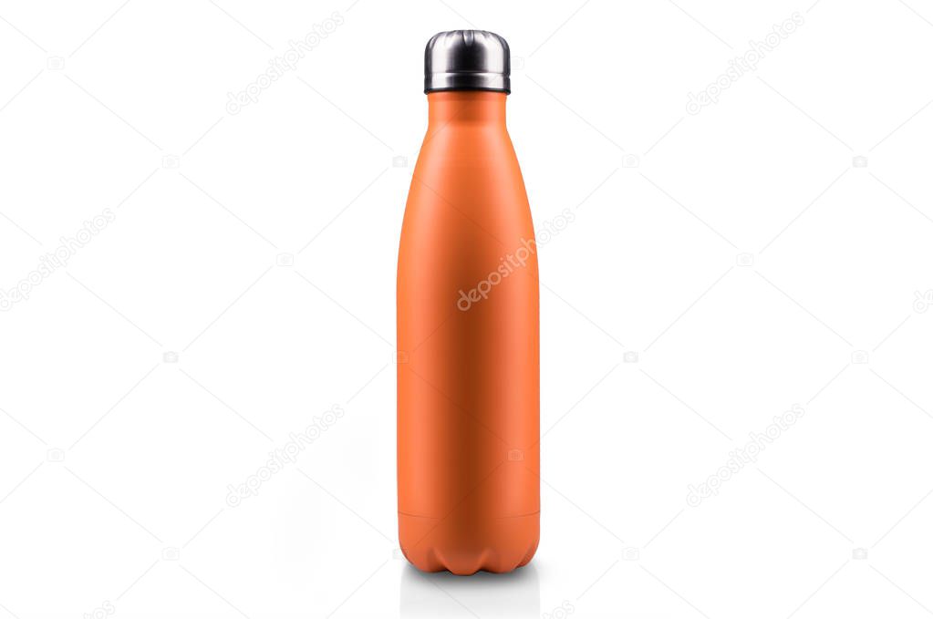 Orange stainless thermo water bottle, close-up, empty mockup isolated on white background.