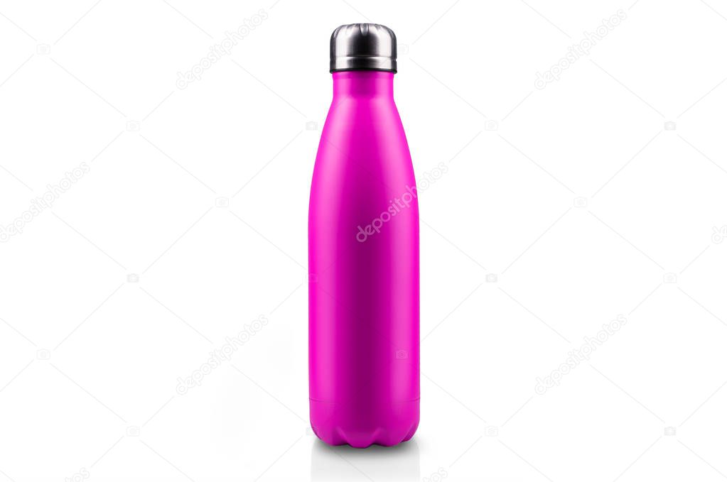 Pink stainless thermo water bottle, close-up, empty mockup isolated on white background.