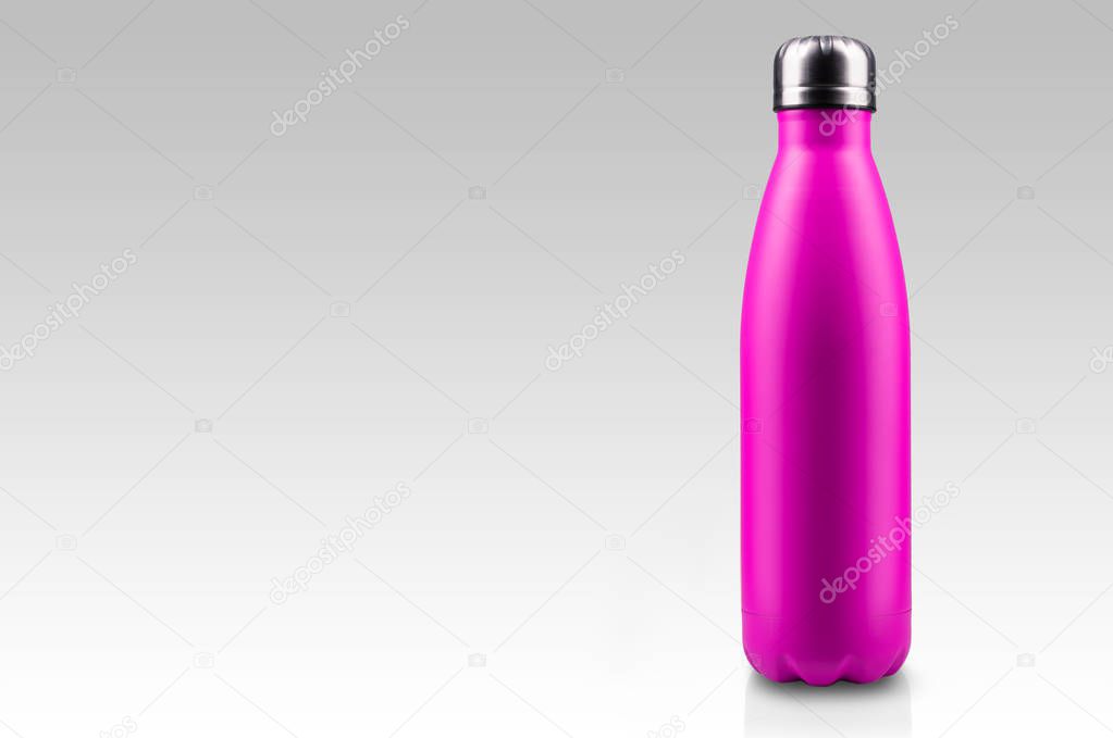 Pink stainless thermo water bottle, close-up, empty mockup isolated on white background.