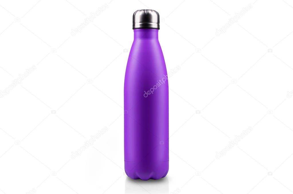 Purple stainless thermo water bottle, close-up, empty mockup isolated on white background.